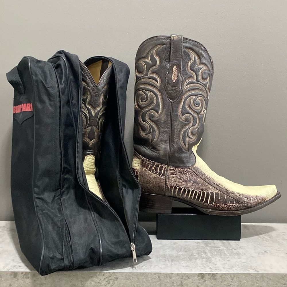 White and Brown Western Cowboy Boots with Intricate Stitching